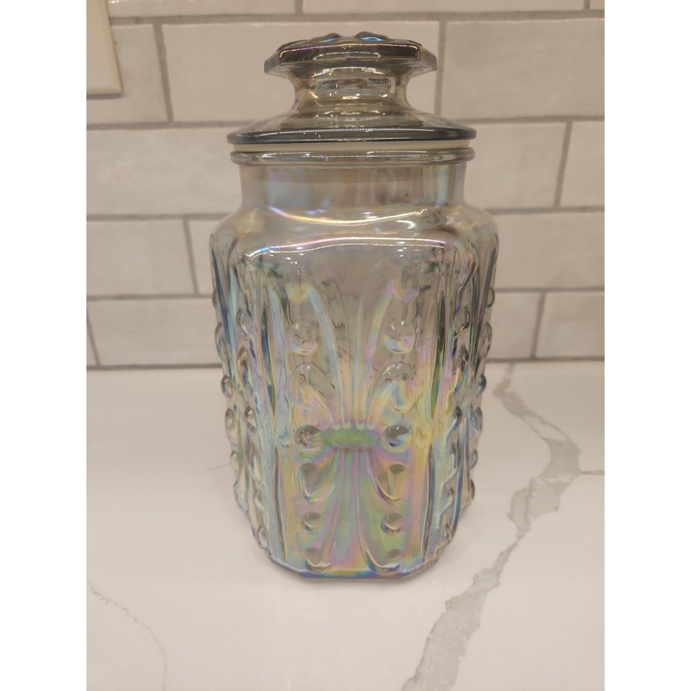 Vtg LE Smith Atterbury Scroll Canister Jar Iridescent Carnival Glass 9" Embossed